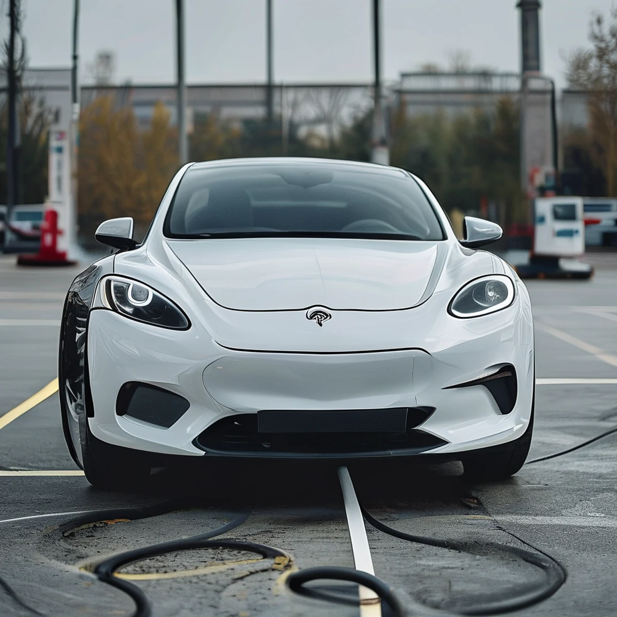 Electric vehicle charging station with multiple ports and a digital display.