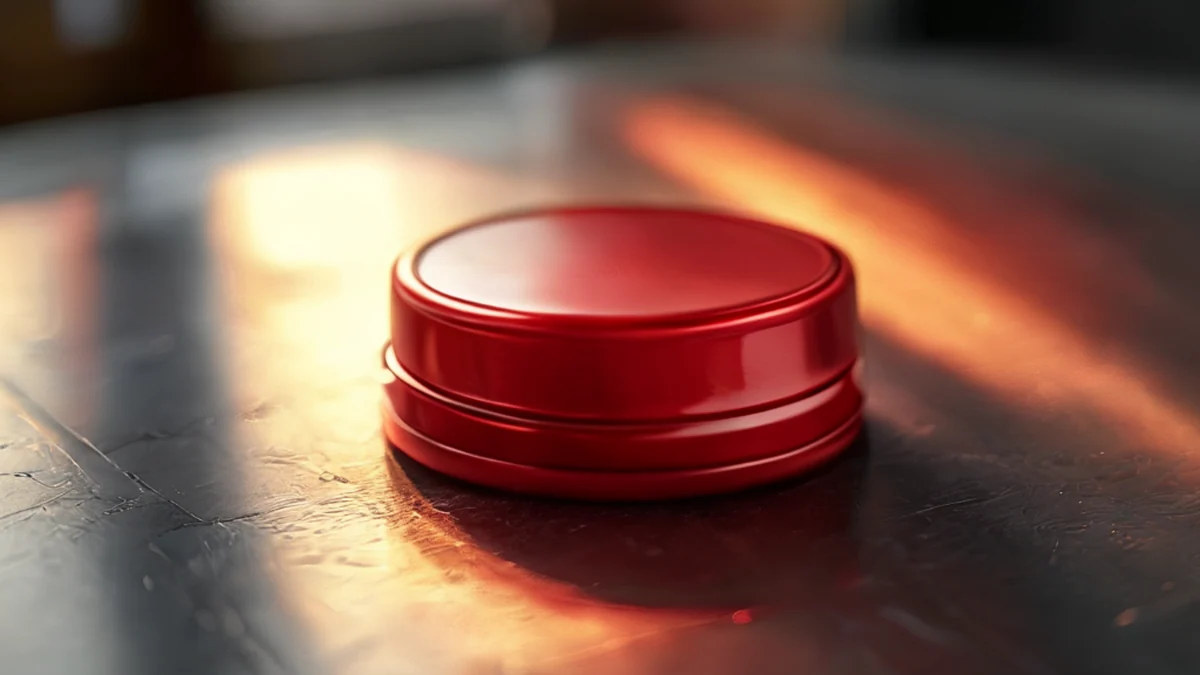 Cap de bateria arredondado, acabamento vermelho brilhante, superfície texturada, sobre uma mesa de metal, sob luz quente, profundidade de campo baixa, fotorealista, foco afiado, detalhes altos