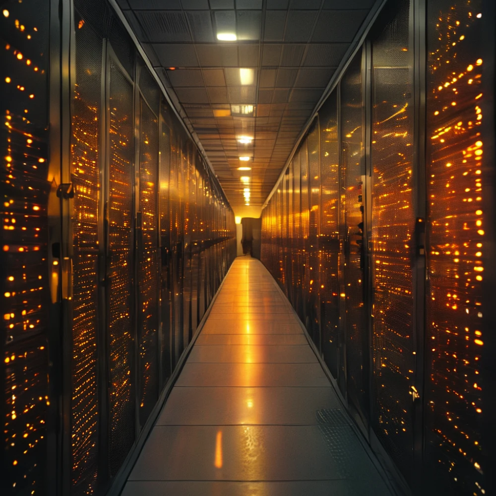 Rack di server che lampeggiano, rappresentando l'infrastruttura dati critica per la transizione industriale.