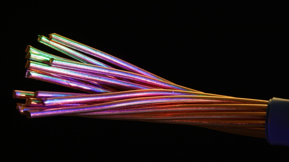 Mazzo di cavi in fibra ottica, simbolo della velocità e della connettività dei dati che guidano il cambiamento.