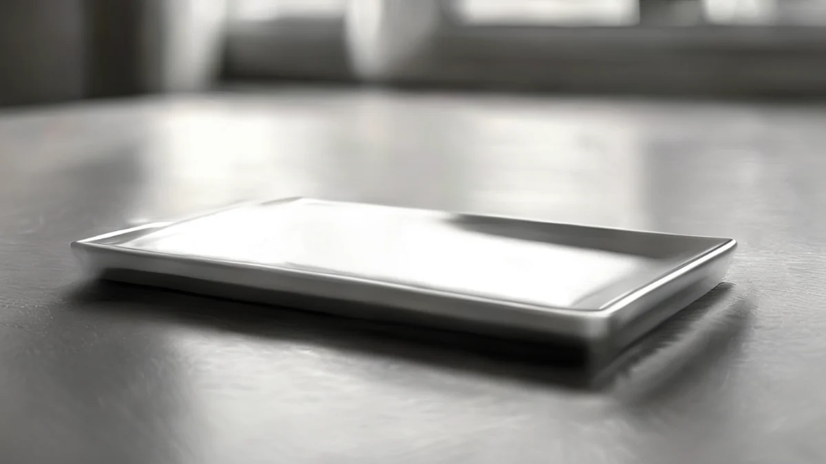 Silver metallic plate, flat rectangle, polished, on steel table under soft light, shallow focus, photorealistic, high detail
