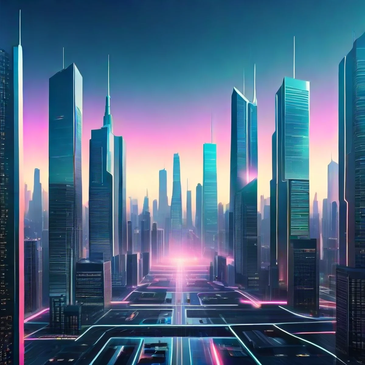 Paisaje urbano futurista que simboliza el dominio tecnológico global.